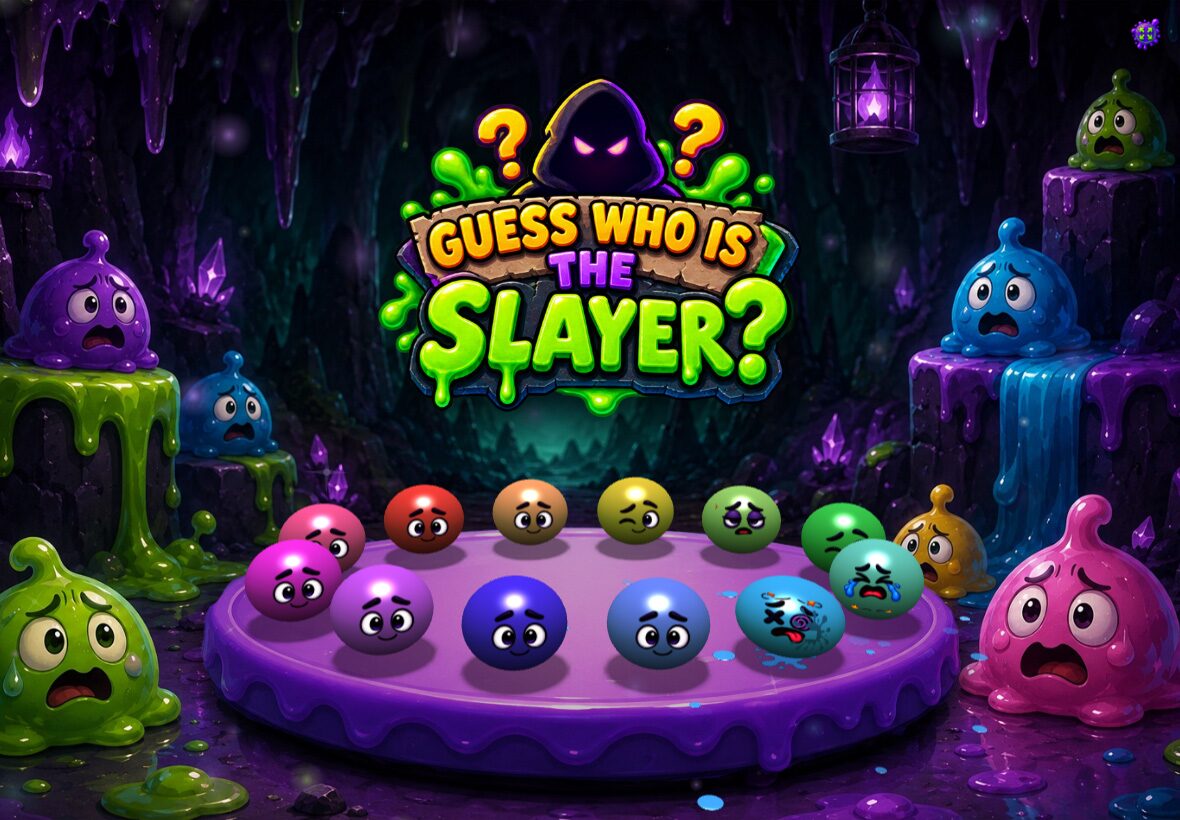 'Guess who is the Slayer?' prompt above the ring of slime suspects
