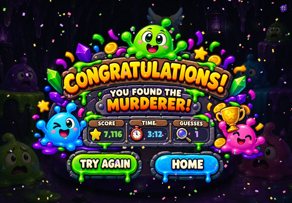 Win screen — 'You found the murderer!' with score, time, and guess count