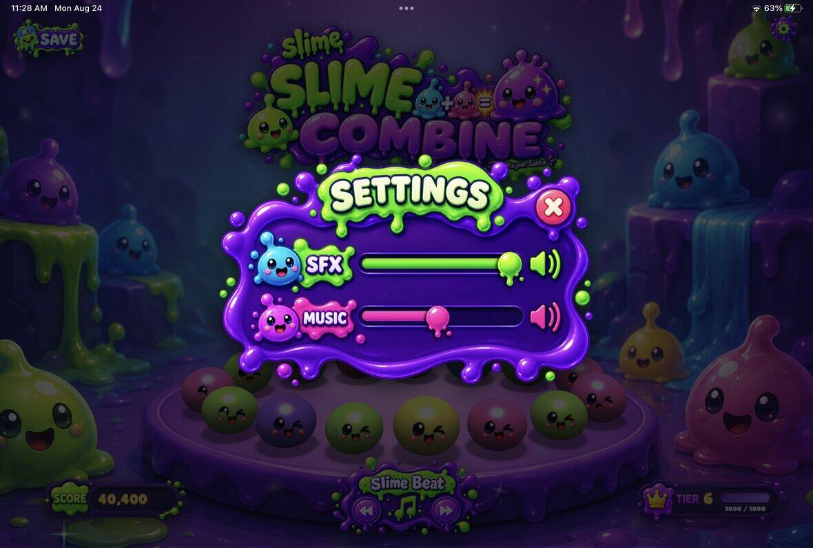 Slime Slime Combine settings screen with SFX and Music sliders