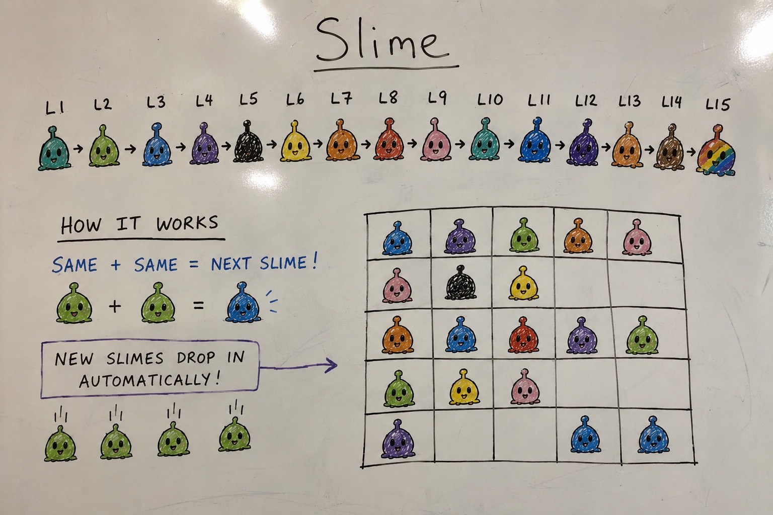 A whiteboard sketch of the Slime Combine concept, showing the slime level progression from L1 to L15 and the color-matching grid